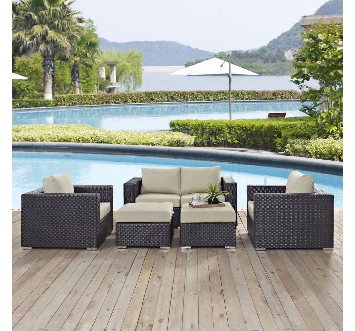 Modway Convene 5 Piece Outdoor Patio Sofa Set - Espresso Beige - Lifestyle