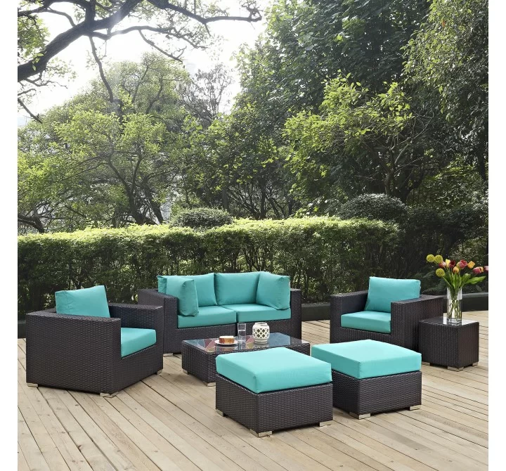 Modway Convene 8 Piece Outdoor Patio Sectional Set - Espresso Turquoise - Lifestyle