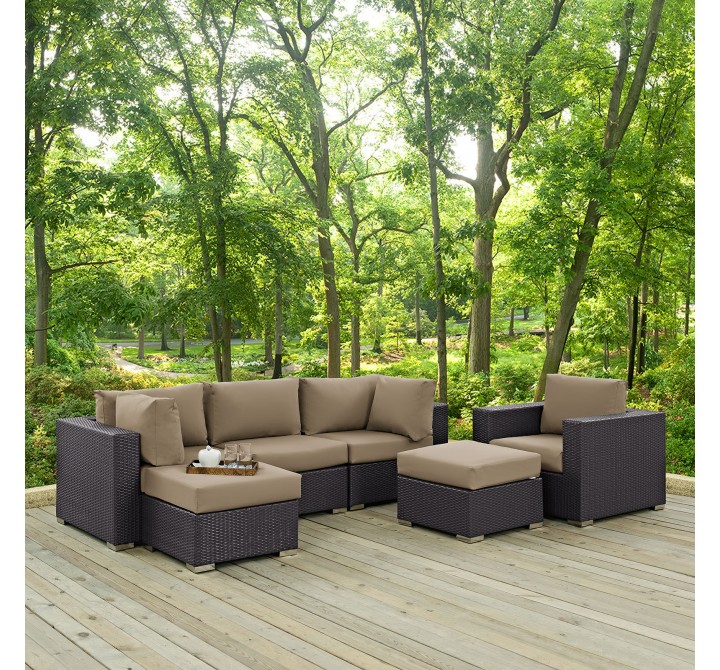 Modway Convene 6 Piece Outdoor Patio Sectional Set - Espresso Mocha - Lifestyle