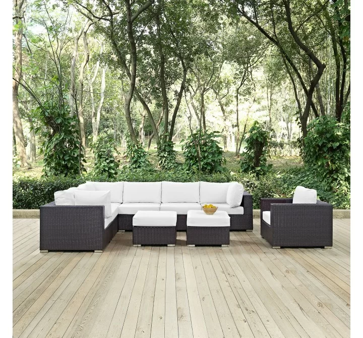 Modway Convene 9 Piece Outdoor Patio Sectional Set - Espresso White - Lifestyle