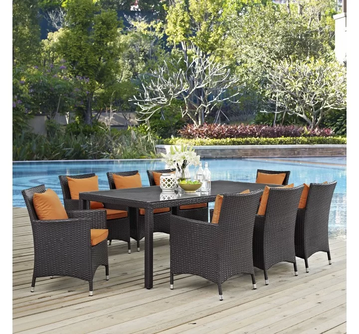 Modway Convene 9 Piece Outdoor Patio Dining Set - Espresso Orange - Lifestyle