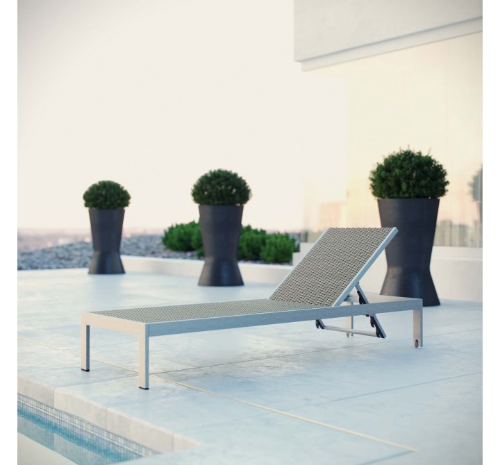 Modway Shore Outdoor Patio Aluminum Rattan Chaise - Silver Brown Gray - Lifestyle