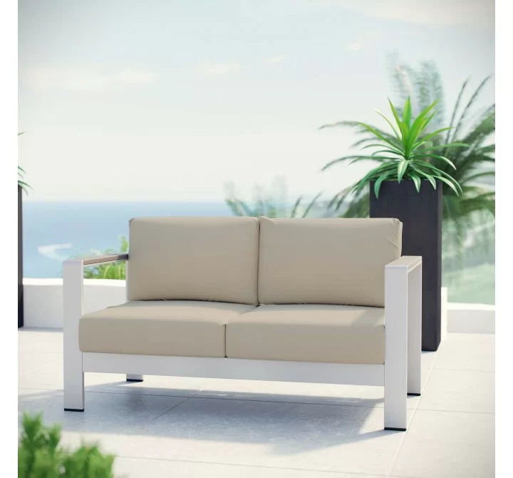Modway Shore Outdoor Patio Aluminum Loveseat - Silver Beige - Lifestyle