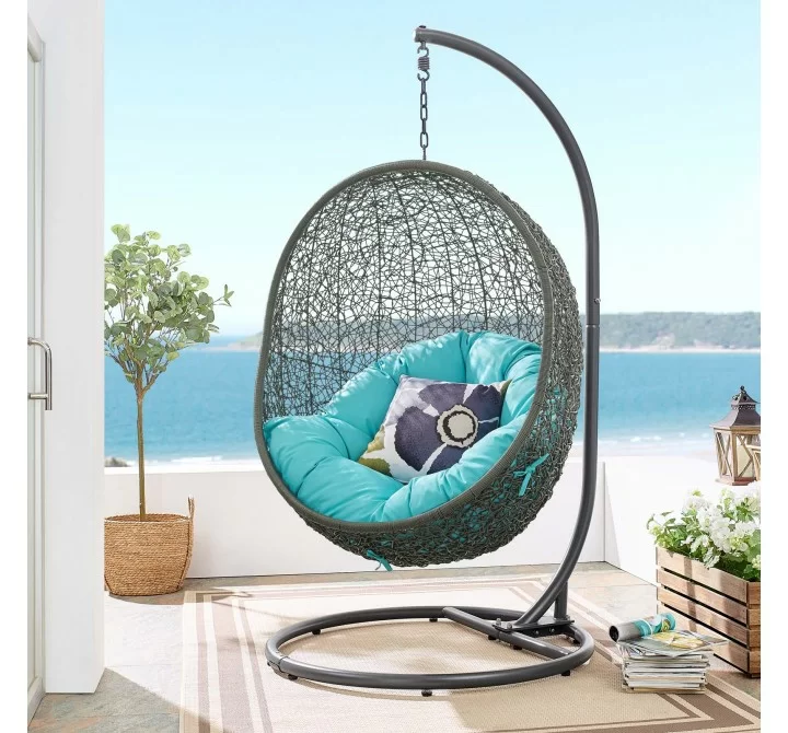 Modway Hide Outdoor Patio Swing Chair With Stand in Gray Turquoise - Lifestyle
