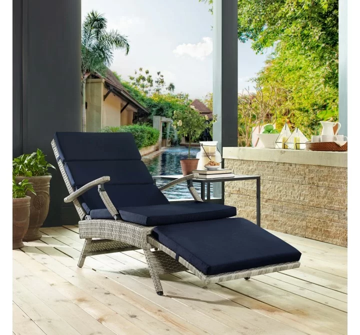 Modway Envisage Chaise Outdoor Patio Wicker Rattan Lounge Chair in Light Gray Navy - Lifestyle