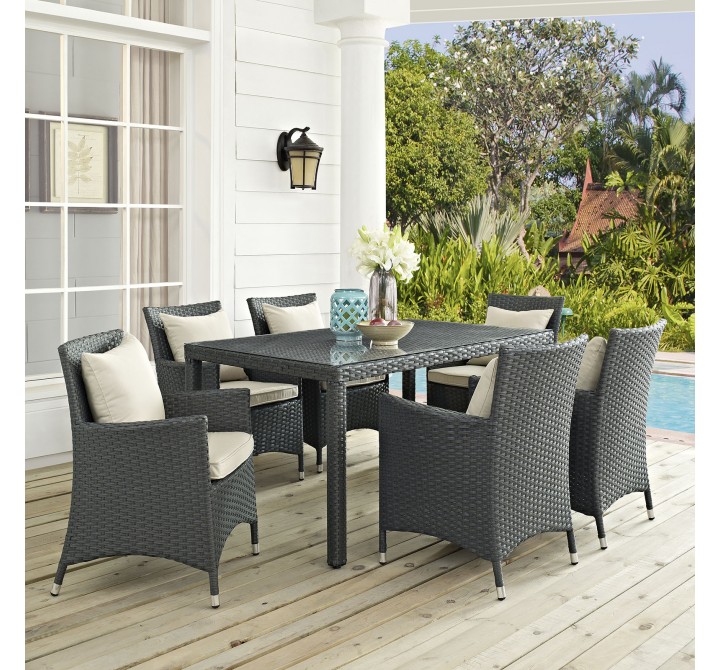 Modway Sojourn 7 Piece Outdoor Patio Sunbrella® Dining Set - Antique Canvas Beige - Lifestyle