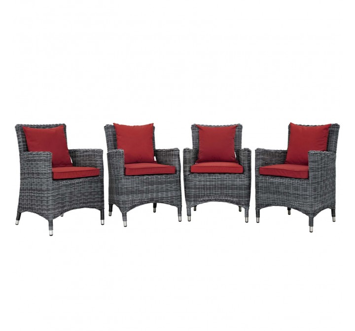 Modway Summon 4 Piece Outdoor Patio Sunbrella® Dining Set in Canvas Red - Set in Front Side Angle