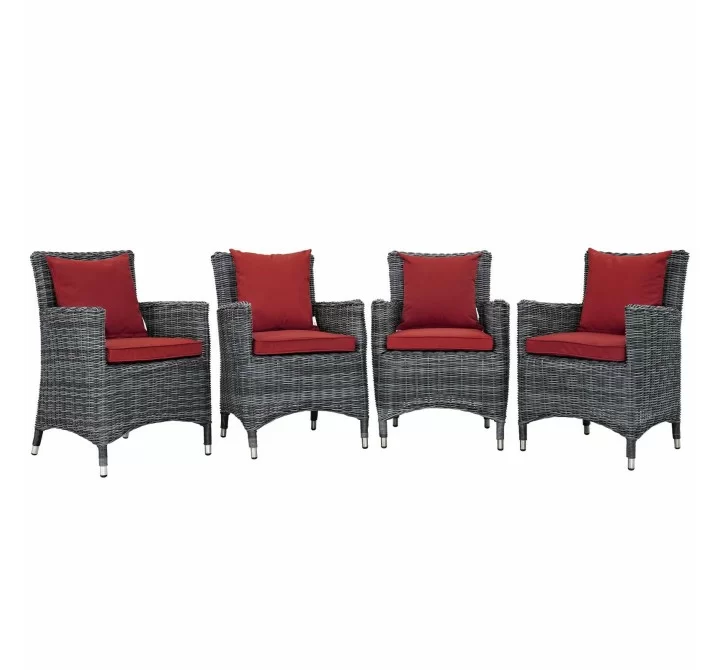 Modway Summon 4 Piece Outdoor Patio Sunbrella® Dining Set in Canvas Red - Set in Front Side Angle