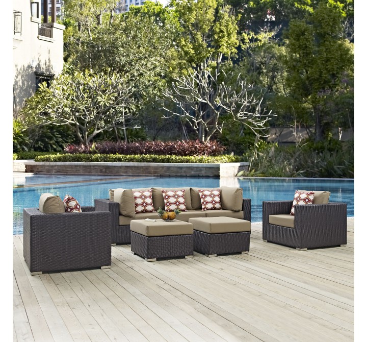 Modway Convene 7 Piece Outdoor Patio Sectional Set in Espresso Mocha - Lifestyle