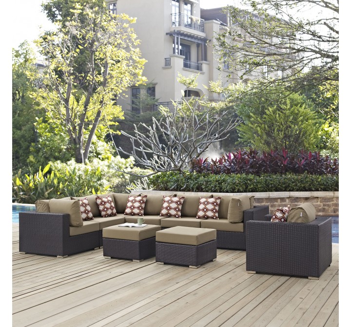 Modway Convene 9 Piece Outdoor Patio Sectional Set - Espresso Mocha - Lifestyle