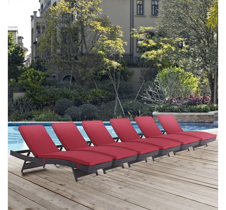 Modway Convene Chaise Outdoor Patio in Espresso Red - Set of Six - Lifestyle