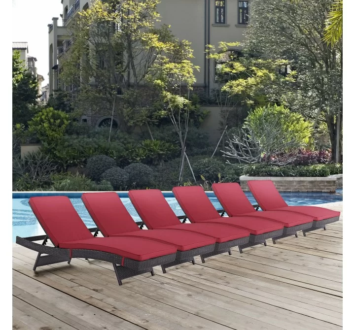 Modway Convene Chaise Outdoor Patio in Espresso Red - Set of Six - Lifestyle