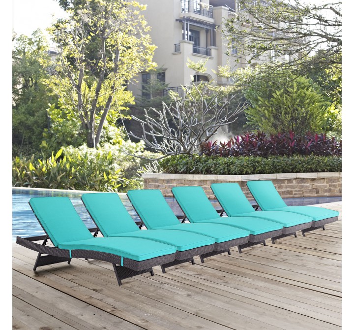Modway Convene Chaise Outdoor Patio in Espresso Turquoise - Set of Six - Lifestyle