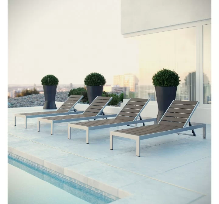 Modway Shore Chaise Outdoor Patio Aluminum in Silver Gray - Set of Four - Lifestyle