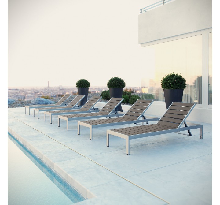 Modway Shore Chaise Outdoor Patio Aluminum in Silver Gray - Set of Six - Lifestyle