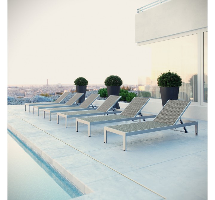 Modway Shore Chaise Outdoor Patio Aluminum in Silver Gray - Set of Six - Lifestyle