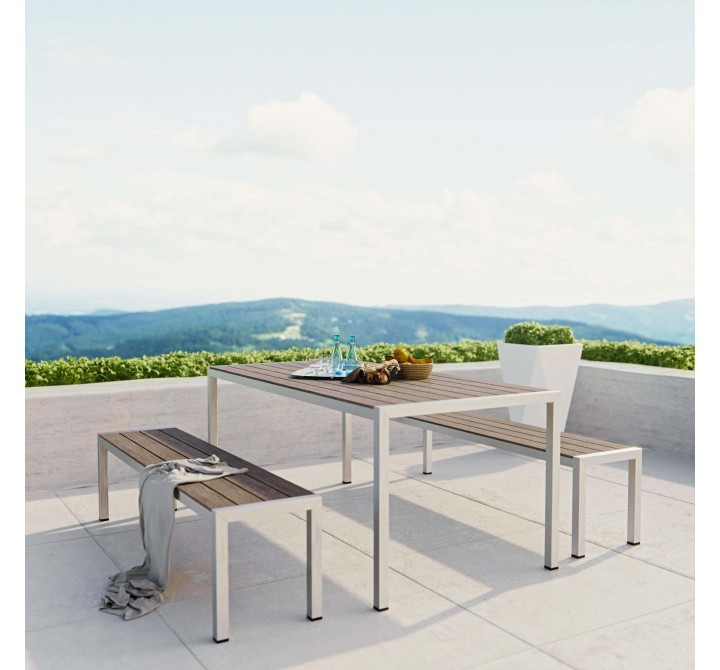 Modway Shore 3 Piece Outdoor Patio Aluminum Dining Set - Silver Gray - Lifestyle
