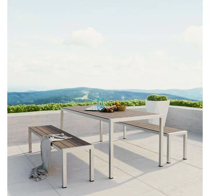 Modway Shore 3 Piece Outdoor Patio Aluminum Dining Set - Silver Gray - Lifestyle