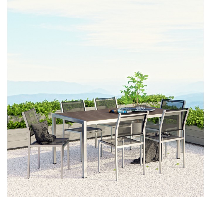Modway Shore 7 Piece Outdoor Patio Aluminum Dining Set - Silver Black - Lifestyle
