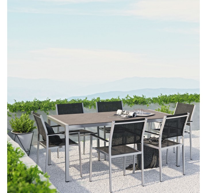 Modway Shore 7 Piece Outdoor Patio Aluminum Dining Set - Silver Black - Lifestyle