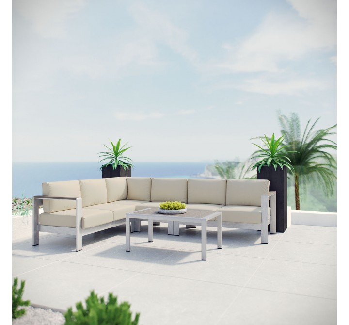 Modway Shore 5 Piece Outdoor Patio Aluminum Sectional Sofa Set in Silver Beige - Lifestyle