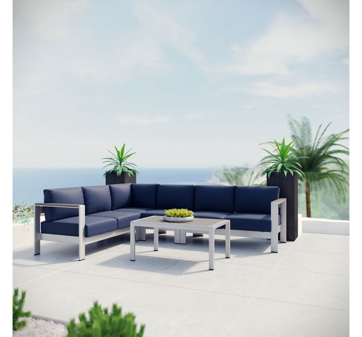 Modway Shore 5 Piece Outdoor Patio Aluminum Sectional Sofa Set - Silver Navy - Lifestyle