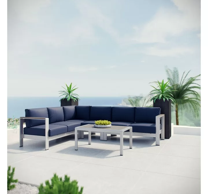 Modway Shore 5 Piece Outdoor Patio Aluminum Sectional Sofa Set - Silver Navy - Lifestyle