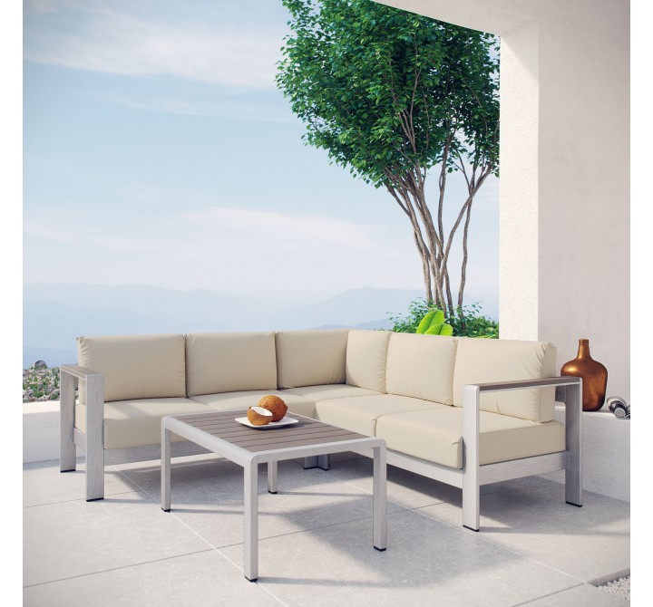 Modway Shore 4 Piece Outdoor Patio Aluminum Sectional Sofa Set - Silver Beige - Lifestyle