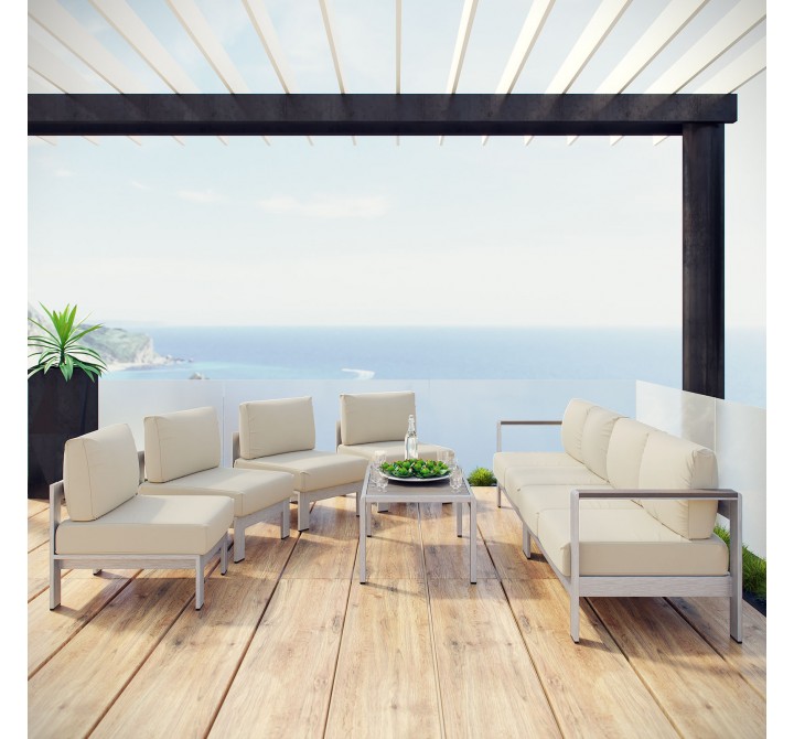 Modway Shore 7 Piece Outdoor Patio Sectional Sofa Set - Silver Beige - Lifestyle