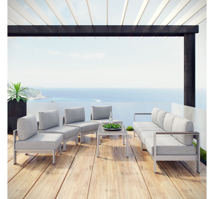 Modway Shore 7 Piece Outdoor Patio Sectional Sofa Set - Silver Gray - Lifestyle