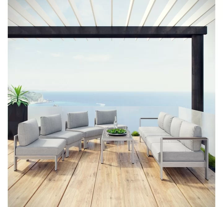 Modway Shore 7 Piece Outdoor Patio Sectional Sofa Set - Silver Gray - Lifestyle