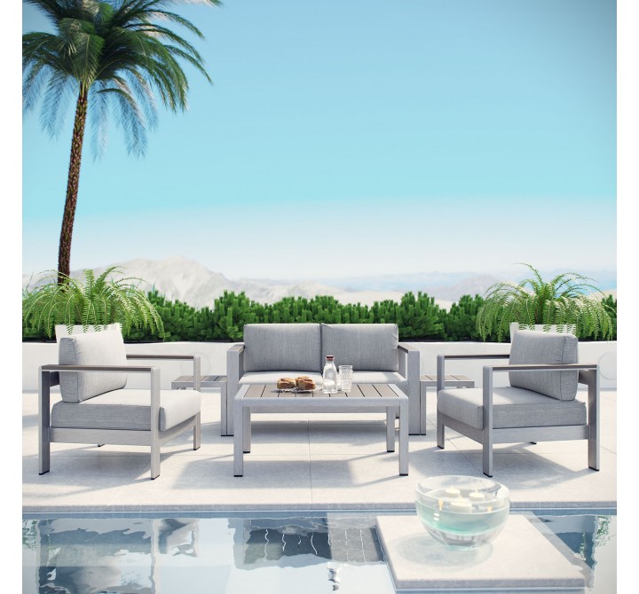 Modway Shore 6 Piece Outdoor Patio Aluminum Sectional Sofa Set - Silver Gray - Lifestyle