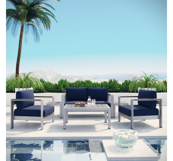 Modway Shore 6 Piece Outdoor Patio Aluminum Sectional Sofa Set in Silver Navy - Lifestyle