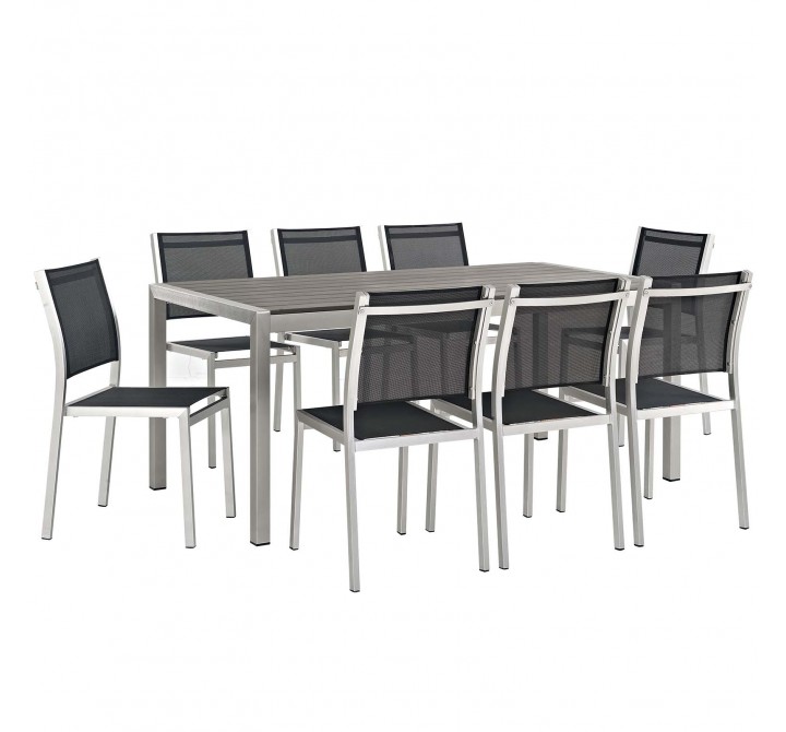 Modway Shore 9 Piece Outdoor Patio Aluminum Dining Set - Silver Black - Set in Front Side Angle