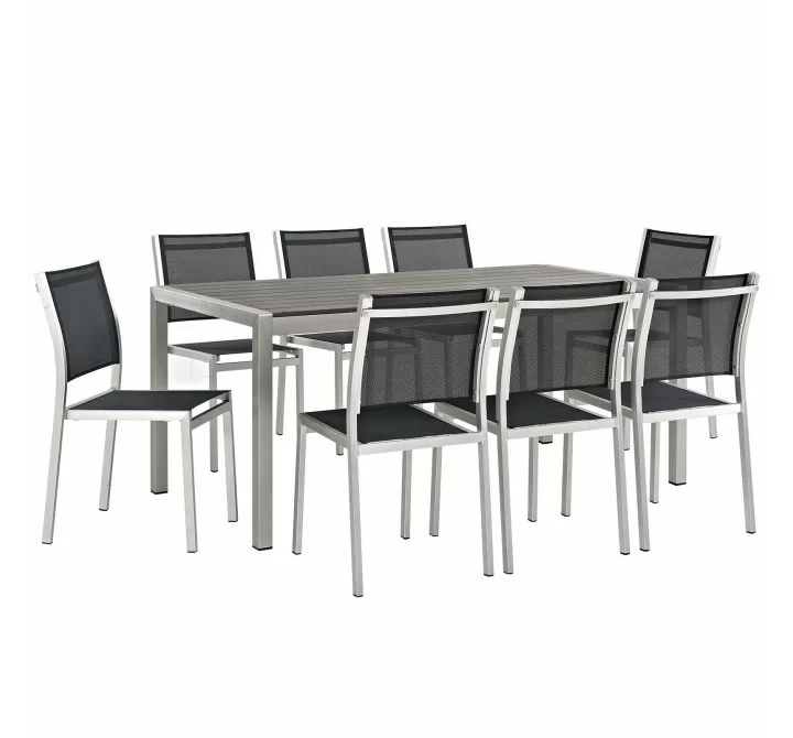 Modway Shore 9 Piece Outdoor Patio Aluminum Dining Set - Silver Black - Set in Front Side Angle