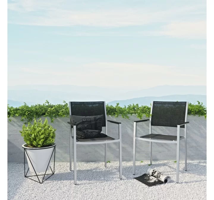 Modway Shore Dining Chair Outdoor Patio Aluminum in Silver Black - Set of Two - Lifestyle