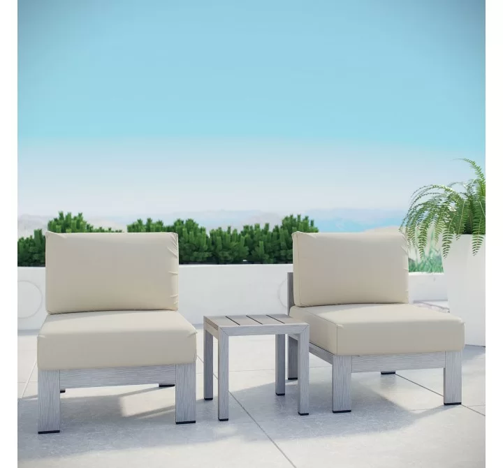 Modway Shore 3 Piece Outdoor Patio Aluminum Sectional Sofa Set - Silver Beige - Lifestyle