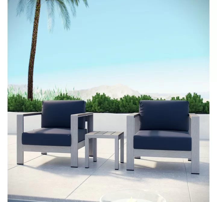 Modway Shore 3 Piece Outdoor Patio Aluminum Set - Silver Navy - Lifestyle
