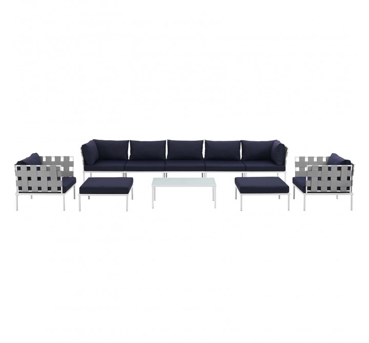 Modway Harmony 10 Piece Outdoor Patio Aluminum Sectional Sofa Set - White Navy - Set in Front Angle
