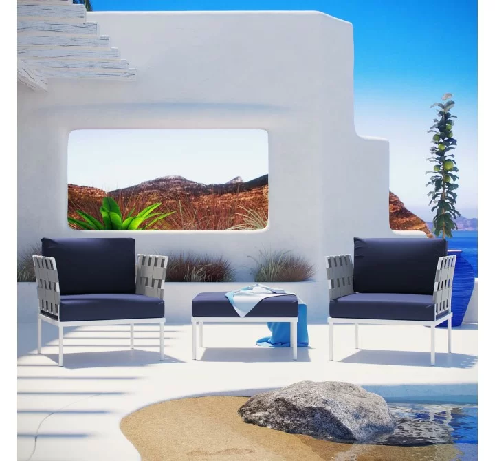 Modway Harmony 3 Piece Outdoor Patio Aluminum Sectional Sofa Set - White Navy - Lifestyle
