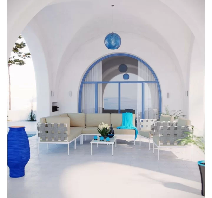 Modway Harmony 8 Piece Outdoor Patio Aluminum Sectional Sofa Set - White Beige - Lifestyle