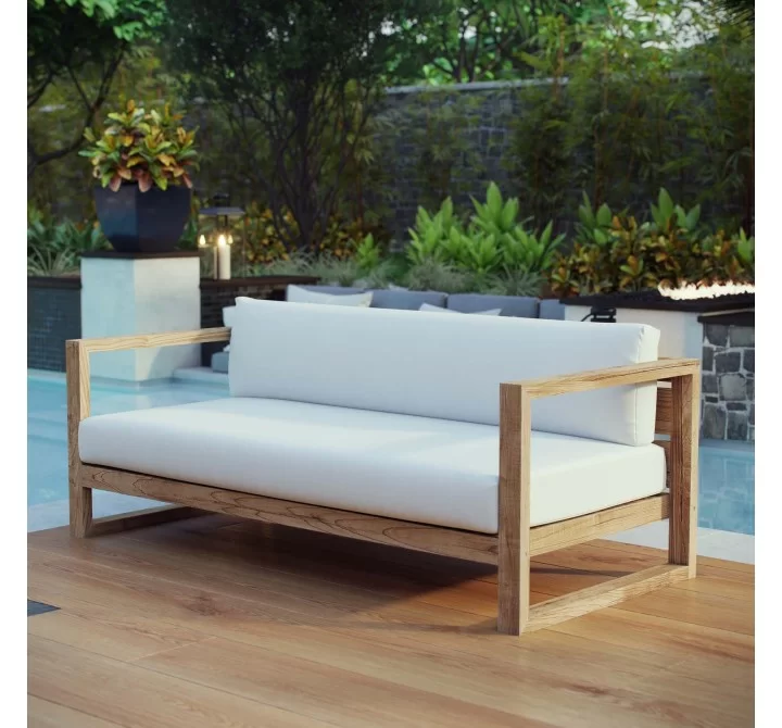 Modway Upland Outdoor Patio Teak Sofa - Natural White  - Lifestyle
