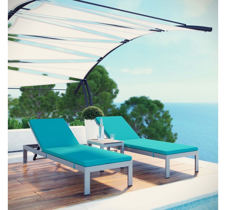 Modway Shore 3 Piece Outdoor Patio Aluminum Chaise with Cushions - Silver Turquoise - Lifestyle