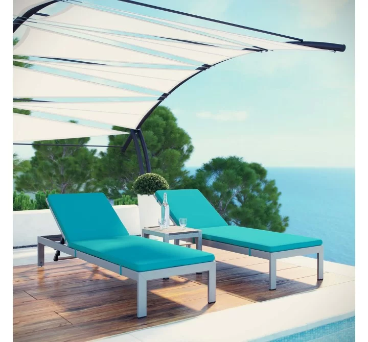 Modway Shore 3 Piece Outdoor Patio Aluminum Chaise with Cushions - Silver Turquoise - Lifestyle