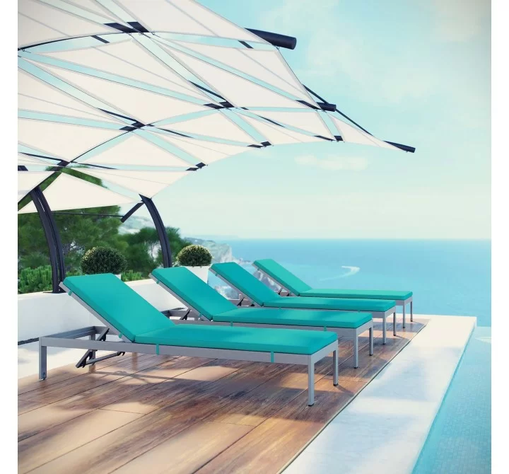 Modway Shore Chaise with Cushions Outdoor Patio Aluminum in Silver Turquoise - Set of Four - Lifestyle