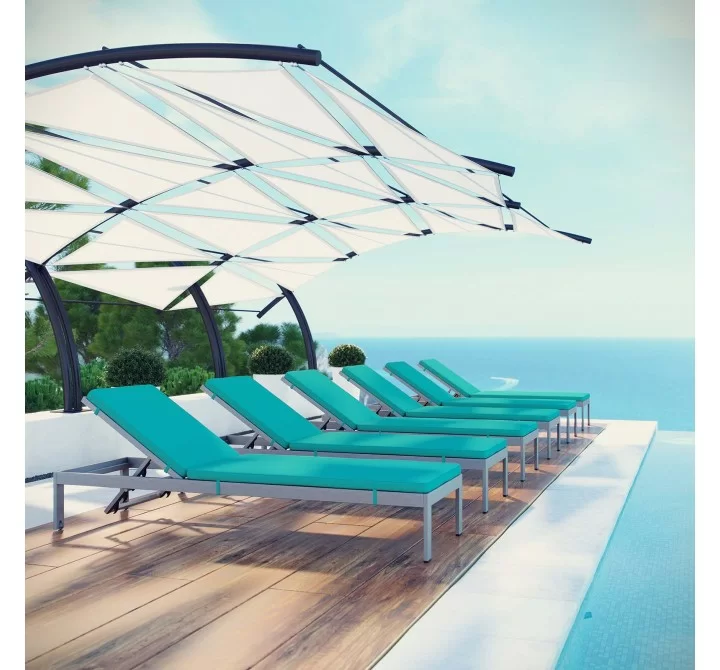 Modway Shore Chaise with Cushions Outdoor Patio Aluminum in Silver Turquoise - Set of Six - Lifestyle