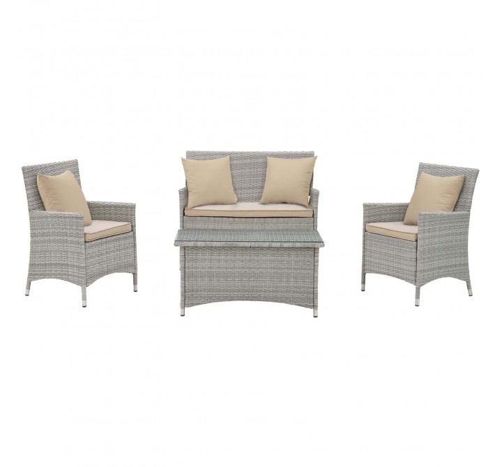 Modway Bridge 4 Piece Outdoor Patio Patio Conversation Set with Pillow Set - Light Gray Beige - Set in Front Angle