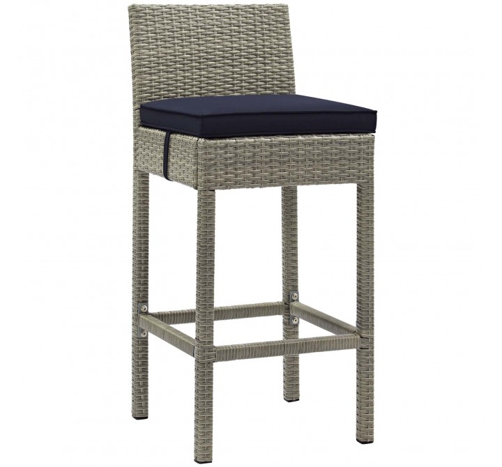 Modway Conduit Outdoor Patio Wicker Rattan Bar Stool in Light Gray Navy - Front Side Angle