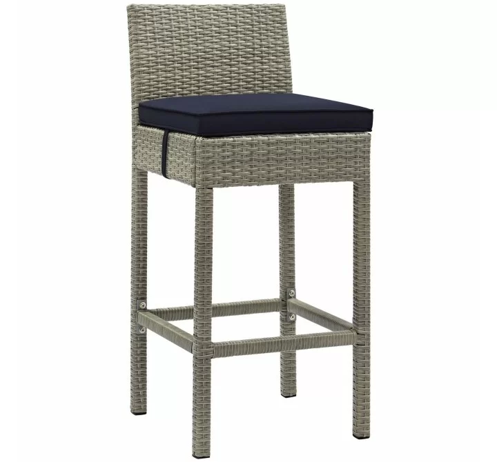 Modway Conduit Outdoor Patio Wicker Rattan Bar Stool in Light Gray Navy - Front Side Angle