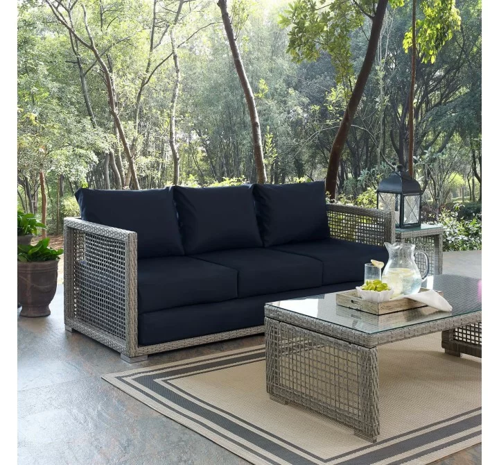 Modway Aura Outdoor Patio Wicker Rattan Sofa in Gray Navy - Lifestyle